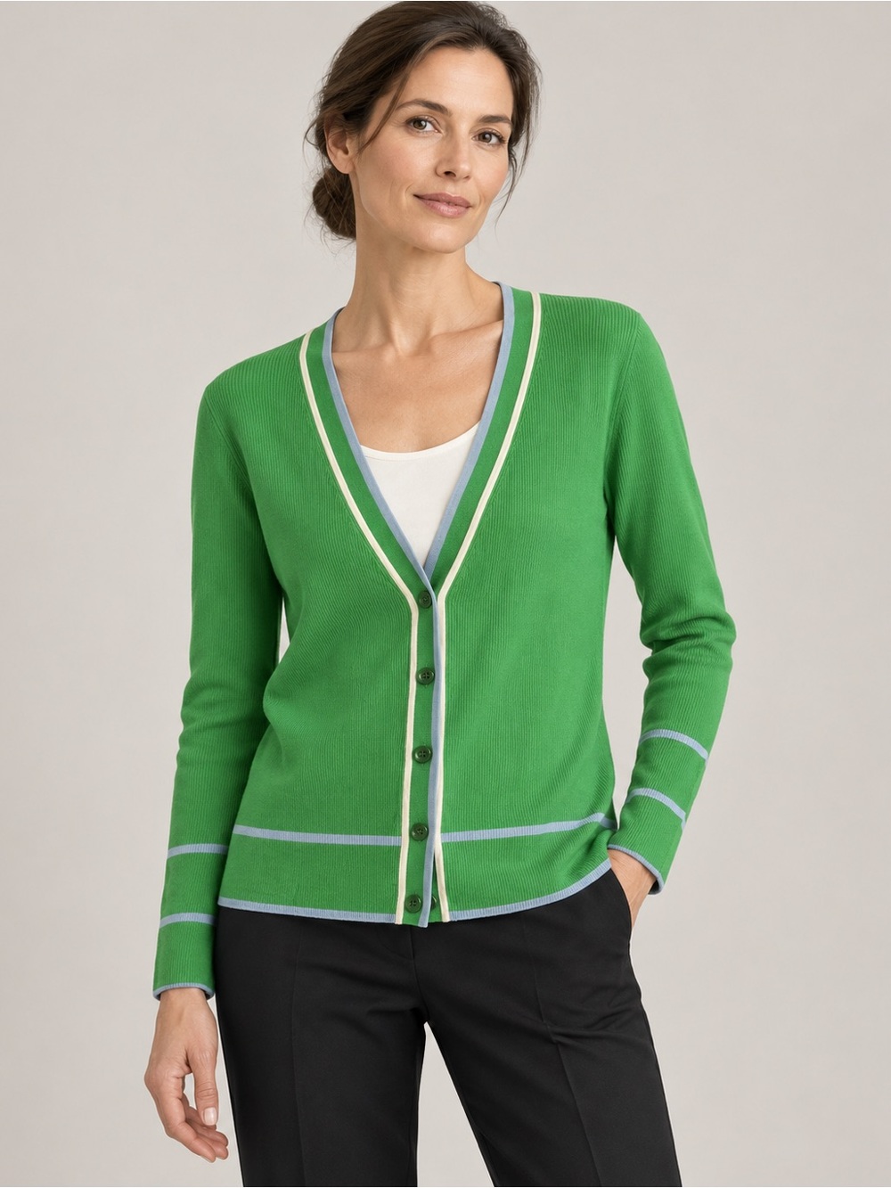 Akris Punto 100% Virgin Wool Green Striped Cardigan US 10